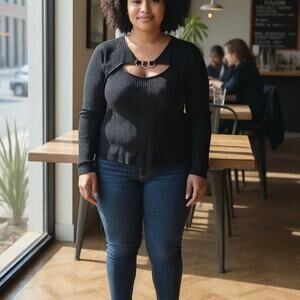 Calvin Klein Black Ribbed Chain Link Detail Retro Y2K Long Sleeve Sweater Sz XL